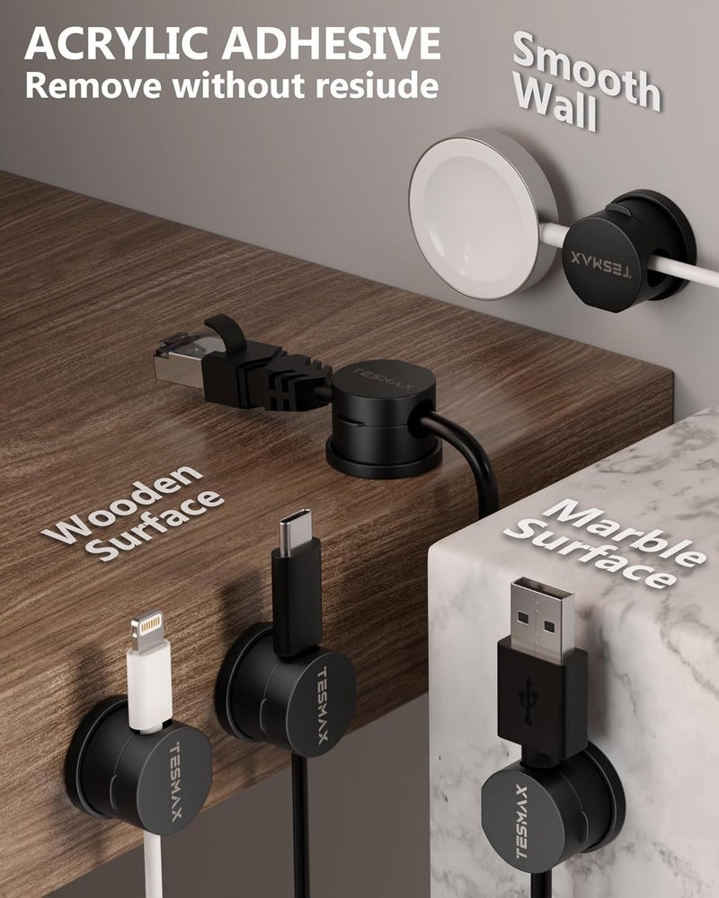 Tesmax Magnetic Cable Clips 360° Rotation Cord Holder, 12 Pack Cord Organizer 1s Lock Cable Smooth Adjustable Desk Organizers and Accessories, Adhesive Cord Clips for Nightstand,Phone,Wall,Car,Home Office - Image 3